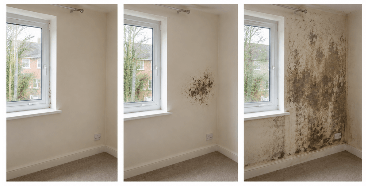Three photos of the same bedroom wall next to a window, showing progressively worse mould growth: a clean wall, a single small dark patch, and extensive dark mould covering most of the wall.